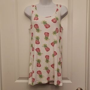 Time and Tru White Tank Top with Red Pink Pineapple Print Ribbed Stretchy XL